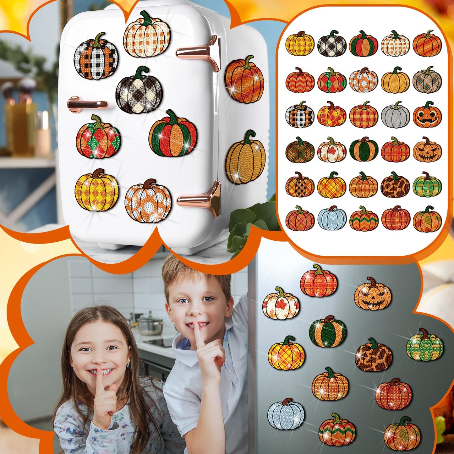 Motipuns 30 Pcs Halloween Pumpkin Diamond Painting Magnets Kits Fall Thanksgiving Diamond Art Fridge Magnet Refrigerator Sticker Painting for Beginners Adults DIY Art Craft Gifts Home Halloween Decors