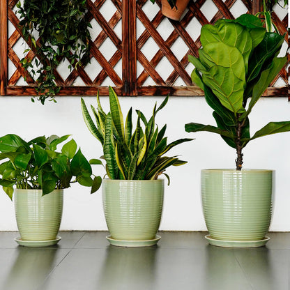 EPFamily Ceramic Pots for Plants - Modern Round 8 Inch Planter with Drainage Hole and Plant Saucer for Flower Indoor Outdoor, Home Decor, House Warming Gifts, Green