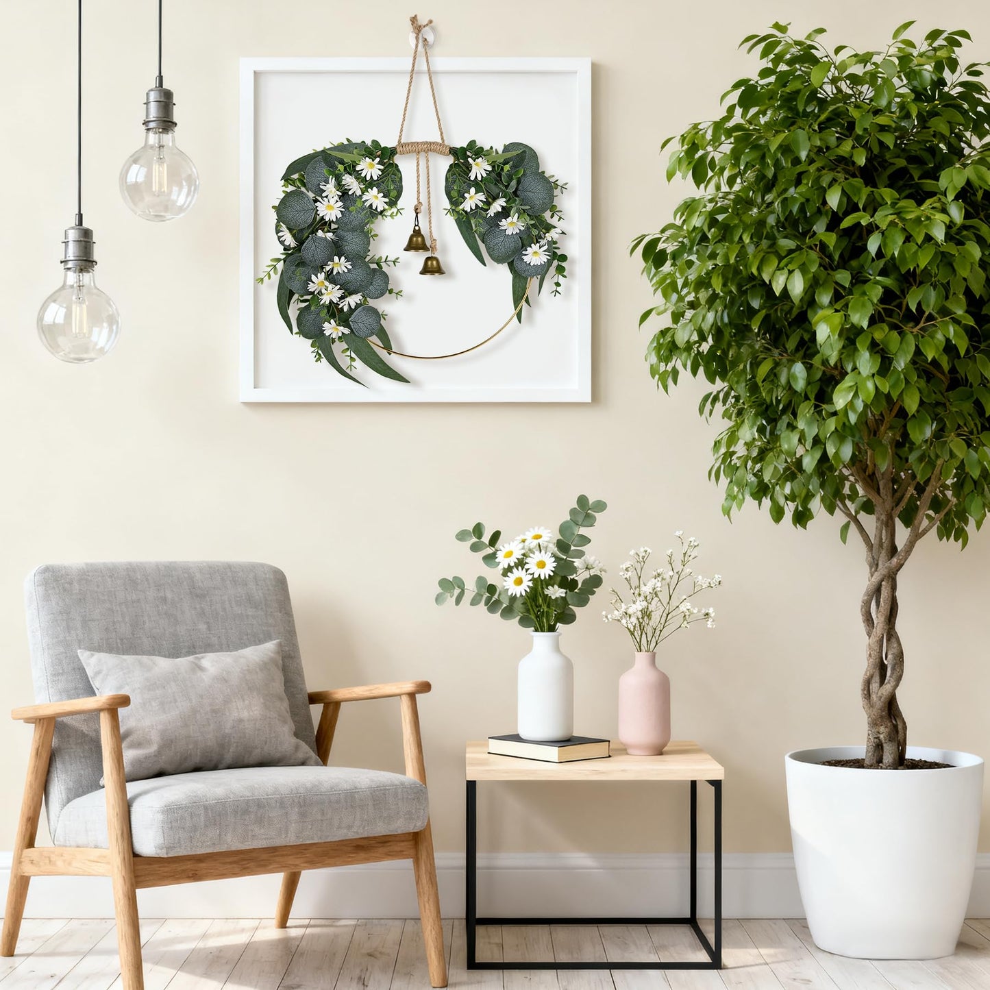Kuabiz Spring Eucalyptus Wreath for Front Door 15.7" Artificial Spring Greenery Wreath with Olive Leaves Daisy Flower Summer Wreaths All Season for Farmhouse Porch Window Hanging Wall Home Decor
