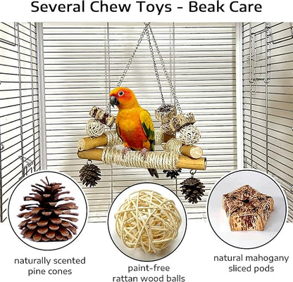 Large Bird Swing for Cage with Chew Toys, 3 Sisal-Wrapped Bird Perches & Stable Triangle Design, Wooden Hanging Quaker Toy Swing for Medium-Sized Bird Cockatiel Ring-Necked Caique Balance Training (L)