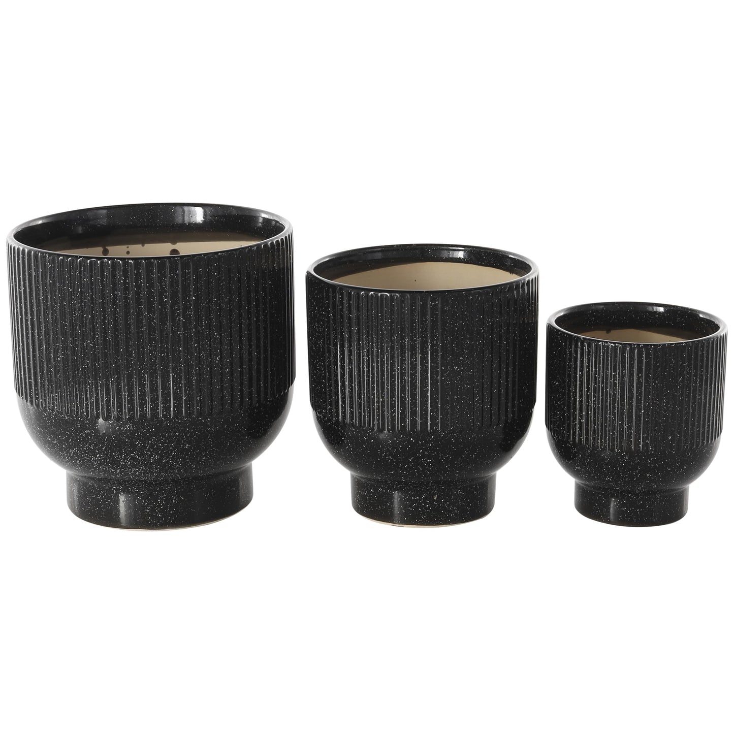 Deco 79 Ceramic Indoor Outdoor Planter Speckled Small Planter Pot with Linear Grooves and Tapered Bases, Set of 3 Planters 9", 8", 6"H, Black