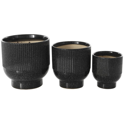 Deco 79 Ceramic Indoor Outdoor Planter Speckled Small Planter Pot with Linear Grooves and Tapered Bases, Set of 3 Planters 9", 8", 6"H, Black