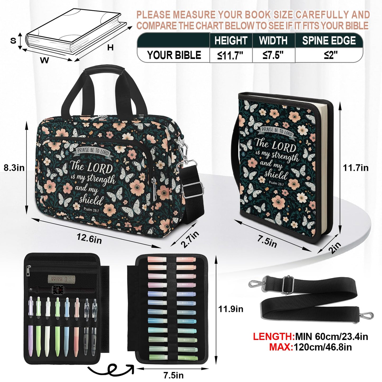IBOVODI Butterfly Floral Bible Cover Case for Women Bible Study Supplies Accessories Boho Church Bag Christian Gift Book Carrying Case with Shoulder Strap Handle Journaling Kit Large Bible Book Sleeve