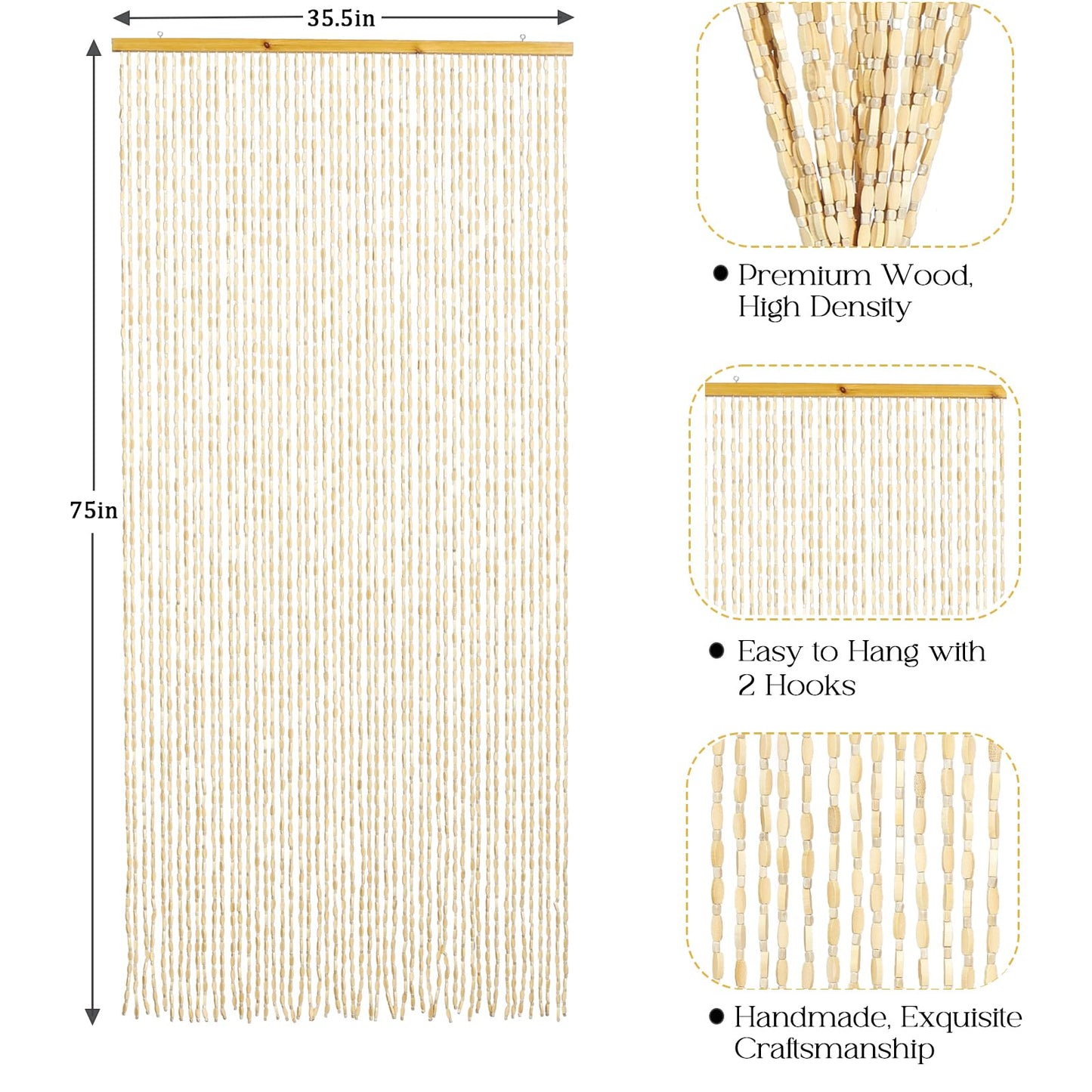HYVAKUPPA 35.5" x 75" Bamboo and Wood Beaded Curtain for Doorway 52 Strands Handmade Bohemian Door Beads Curtain Boho Hanging Room Divider for Bedroom Living Home Deco, Beige