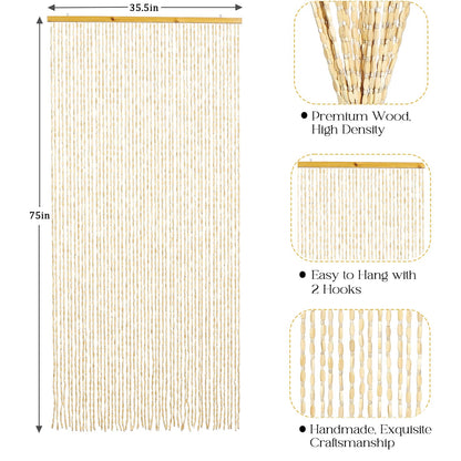 HYVAKUPPA 35.5" x 75" Bamboo and Wood Beaded Curtain for Doorway 52 Strands Handmade Bohemian Door Beads Curtain Boho Hanging Room Divider for Bedroom Living Home Deco, Beige