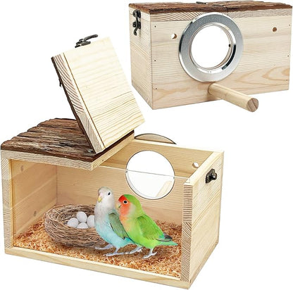 Tfwadmx Parakeet Nesting Box - Wooden Parrot Nest for Cockatiel, Lovebirds, Budgie, Conure - Acrylic Transparent Bird House With Perch for Breeding