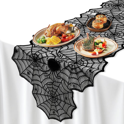 DTOFOOT 4 Pack Halloween Table Runner, 18 x 72 Inch Black Lace Spider Web Table Runner for Halloween Decorations Gothic Cobweb Tablecloth for Dining Table Fireplace Mantel Party Decor