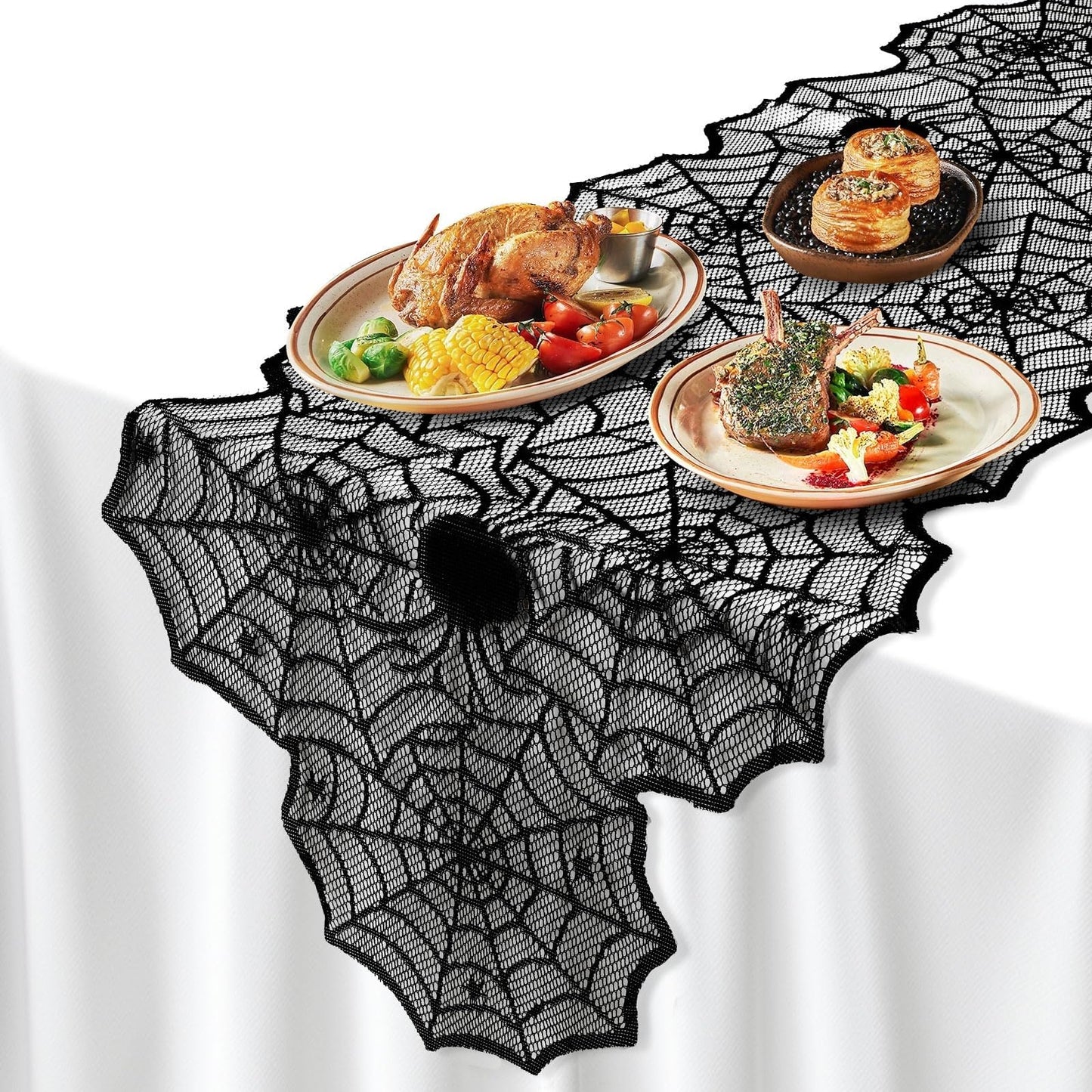 DTOFOOT 4 Pack Halloween Table Runner, 18 x 72 Inch Black Lace Spider Web Table Runner for Halloween Decorations Gothic Cobweb Tablecloth for Dining Table Fireplace Mantel Party Decor