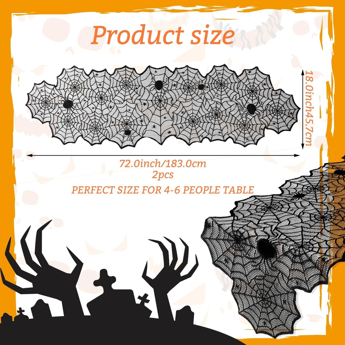 DTOFOOT 4 Pack Halloween Table Runner, 18 x 72 Inch Black Lace Spider Web Table Runner for Halloween Decorations Gothic Cobweb Tablecloth for Dining Table Fireplace Mantel Party Decor