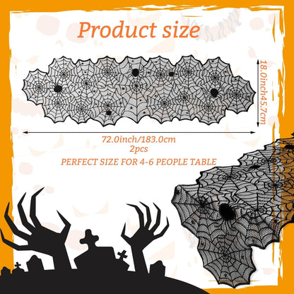 DTOFOOT 4 Pack Halloween Table Runner, 18 x 72 Inch Black Lace Spider Web Table Runner for Halloween Decorations Gothic Cobweb Tablecloth for Dining Table Fireplace Mantel Party Decor
