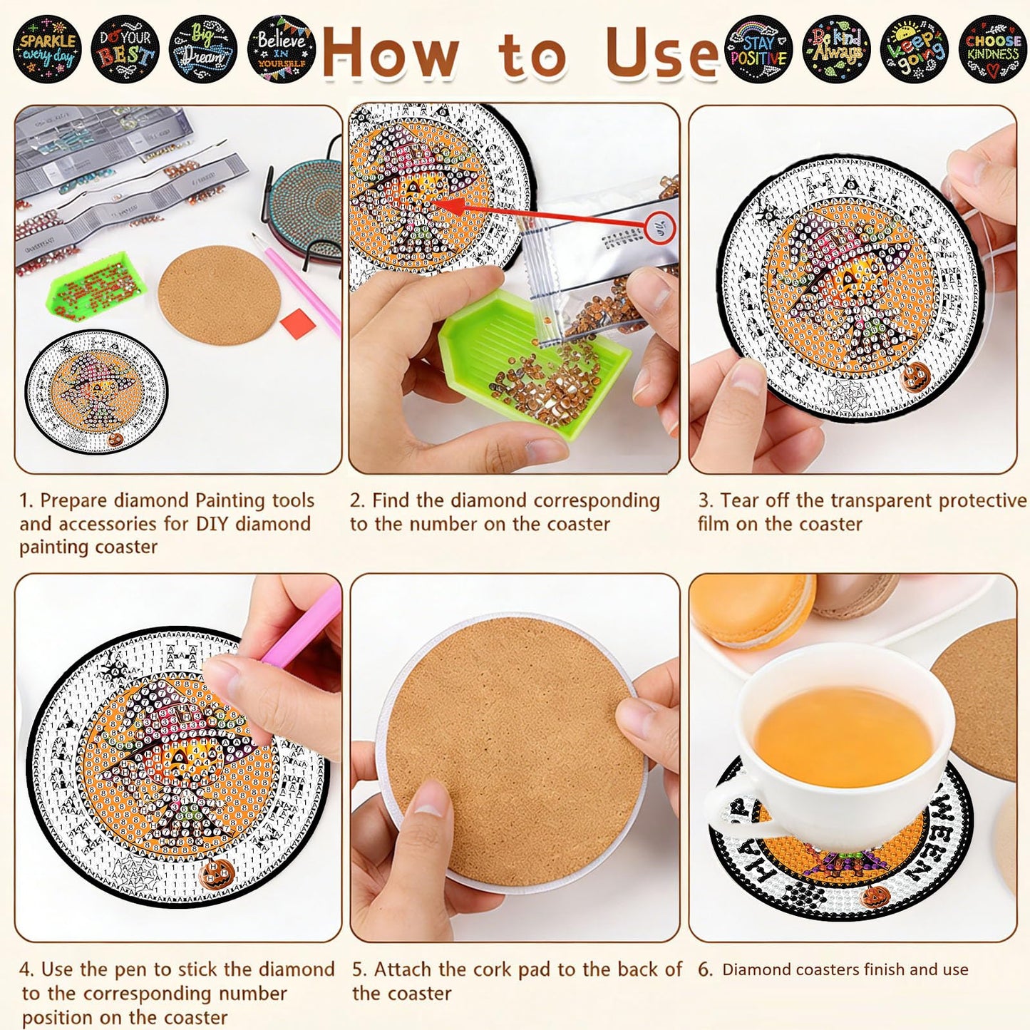 Gemozaic 8PCS Halloween Diamond Art Coasters Kit for Adult, Spooky Diamond Painting Coasters with Holer, Non-Slip, Easy DIY Pumpkin Gem Arts and Crafts Kits for Gift, Coffee, Cocktail, Drink