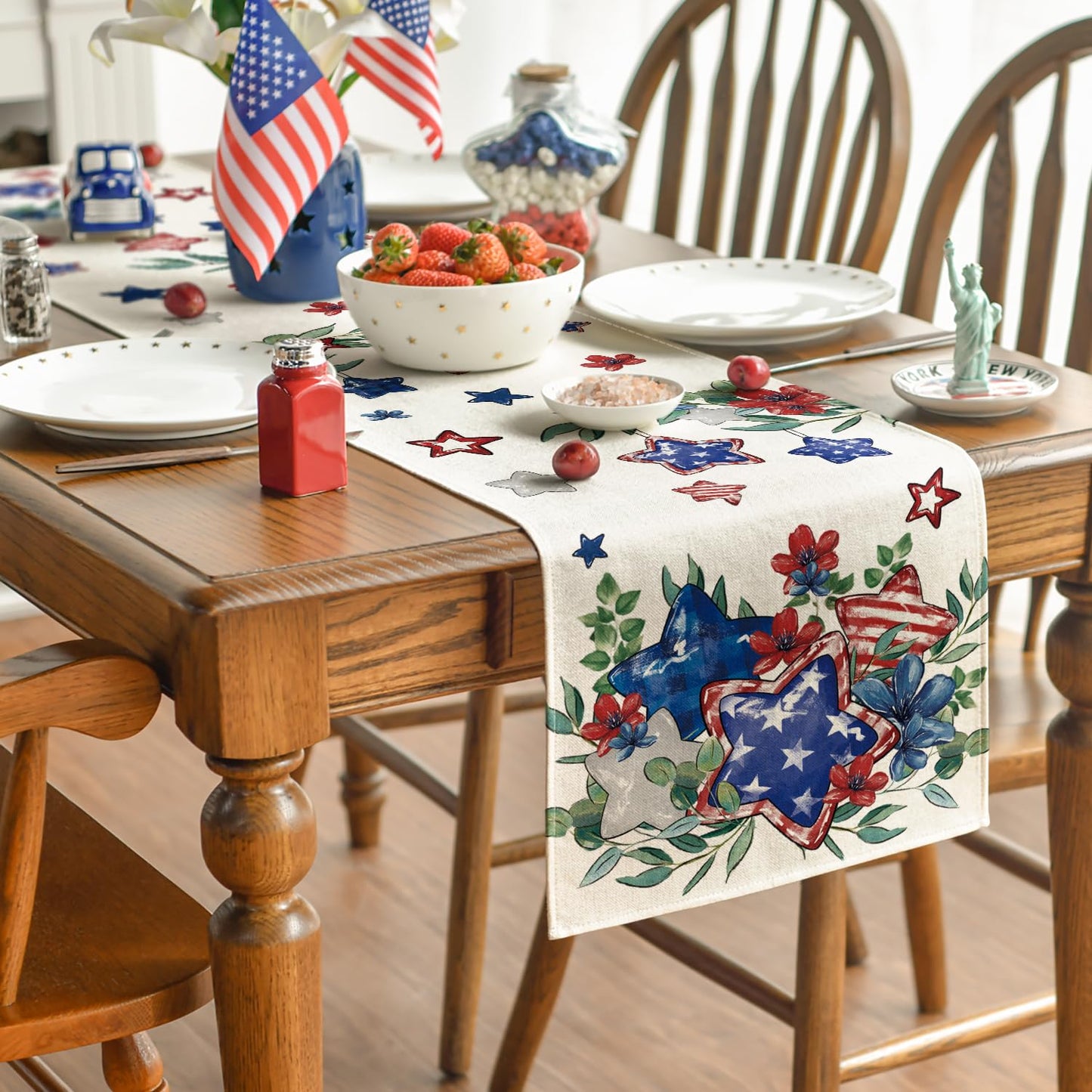 Artoid Mode Eucalyptus Flowers Stars Patriotic 4th of July Table Runner, Memorial Day Kitchen Dining Table Decoration for Home Party Decor 13x36 Inch