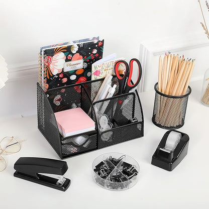 SKYDUE Black Office Supplies, Mesh Desk Organizer, Stapler, Tape Dispenser, Scissors, Binder/Paper Clips and 1000pcs Staples, Desk Supplies Set