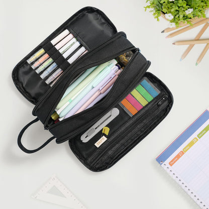 SUNEE Large Capacity Pencil Case with 3 Compartment, Extra Big Pencil Pouch, Pencil Bag with Zipper, Cute High Stationery Organizer, Oxford Pen Box School Supplies for Student Teen Girls Boys, Black