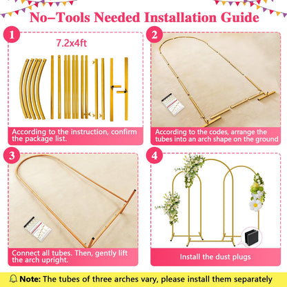 YAYOYA Metal Arch Backdrop Stand, Set of 3 (6/6.6/7.2 ft) Wedding Arched Frame with 12 Ground Nails, Stable Arched Background Stand for Wedding, Baby Shower, Birthday Party, Photography, Gold