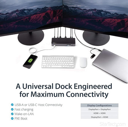 StarTech.com USB-C / USB-A Hybrid Docking Station for MacBook Pro / Air M1 M2 M3 M4 & Windows, Universal Dual 4K 60Hz HDMI DP Dock, Thunderbolt Compatible, 60W Laptop Charging