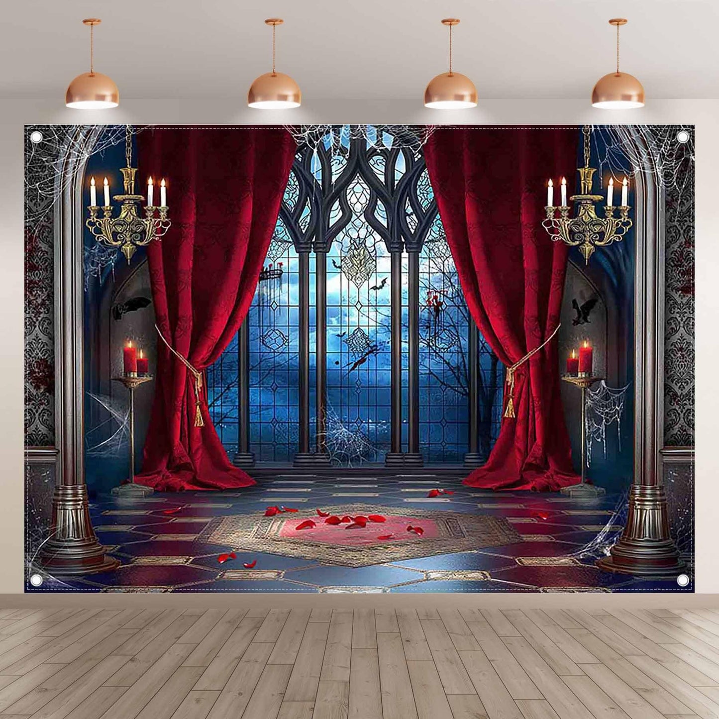 YCUCUEI 7x5ft Fabric Halloween Vampire Medieval Castle Backdrop Gothic Window Red Curtain Bats Photography Background Haunted House Party Decor Photo Props