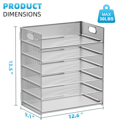 Marbrasse Paper Letter Tray - 6 Tier Mesh File Organizer with Handle, Paper Sorter for Letter/A4 Office File Folder Holder - Silver