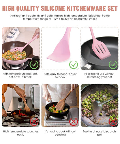 Kitchen Utensils Set-12 Pieces Silicone Cooking Utensils Set (Dishwasher Safe) 392°F Heat Resistant Spatula Set, Nonstick Cookware
