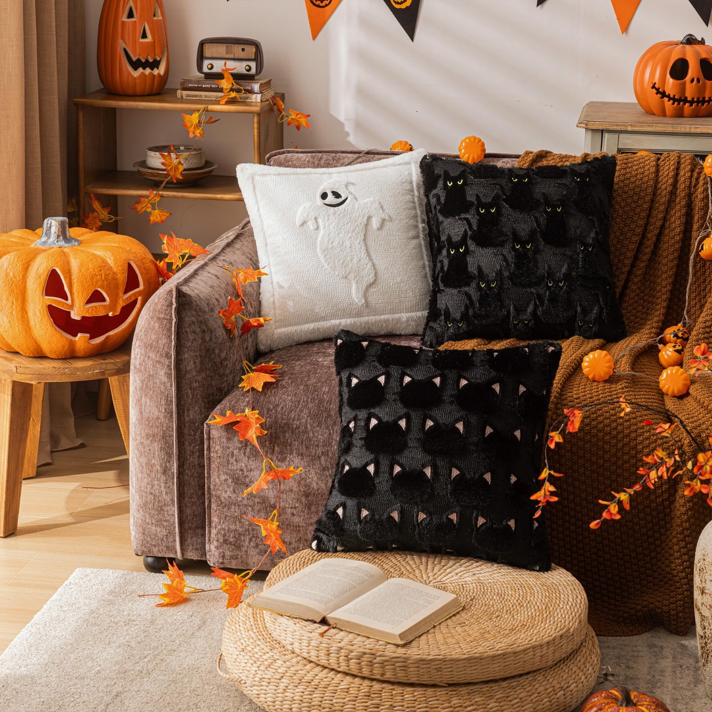 COSIBONO Halloween Black Cat Throw Pillow Covers 20x20 Inch Set of 2, Spooky Ghost Faux Fur Cushion Covers for Fall Decor, Soft Decorative Farmhouse Pillowcases for Sofa Bench Living Room (Pink)