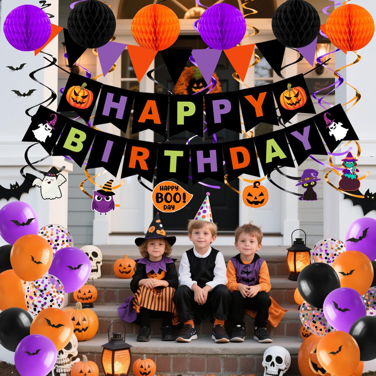 Halloween Birthday Party Decorations, 70PCs Halloween Birthday Decorations Set Including HAPPY BIRTHDAY Banner Bat Stickers Hanging Garland Swirl Streamers Purple Orange Black Balloons Honeycomb Ball
