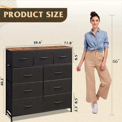 WLIVE 9 Drawer Dresser, Fabric Storage Tower for Bedroom, Hallway, Closet, Tall Chest Organizer Unit for Bedroom with Fabric Bins, Steel Frame, Wood Top, Easy Pull Handle, Black and Rustic Brown
