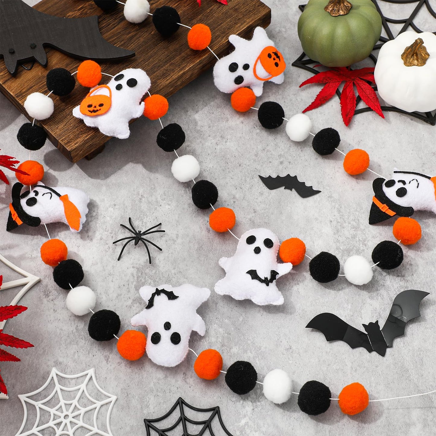 JarThenaAMCS 8.2Ft Halloween Felt Banner 3D Ghost Hanging Garland Black Orange White Pom Ball Banner for Trick or Treat Birthday Home Mantel Wall Window Party Supplies