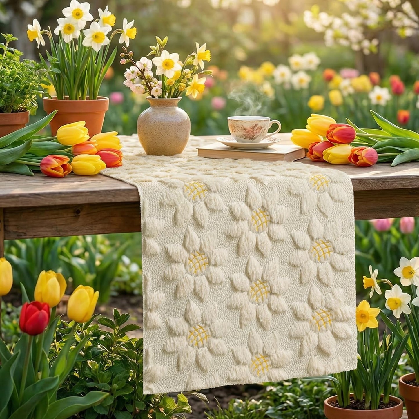 Artoid Mode Beige Soft Plush Faux Fur Jacquard Embroidery Sunflower Spring Table Runner, Kitchen Dining Table Decoration for Home Party Decor 13x48 Inch