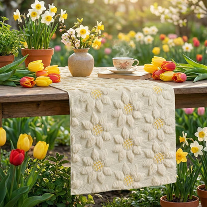 Artoid Mode Beige Soft Plush Faux Fur Jacquard Embroidery Sunflower Spring Table Runner, Kitchen Dining Table Decoration for Home Party Decor 13x48 Inch