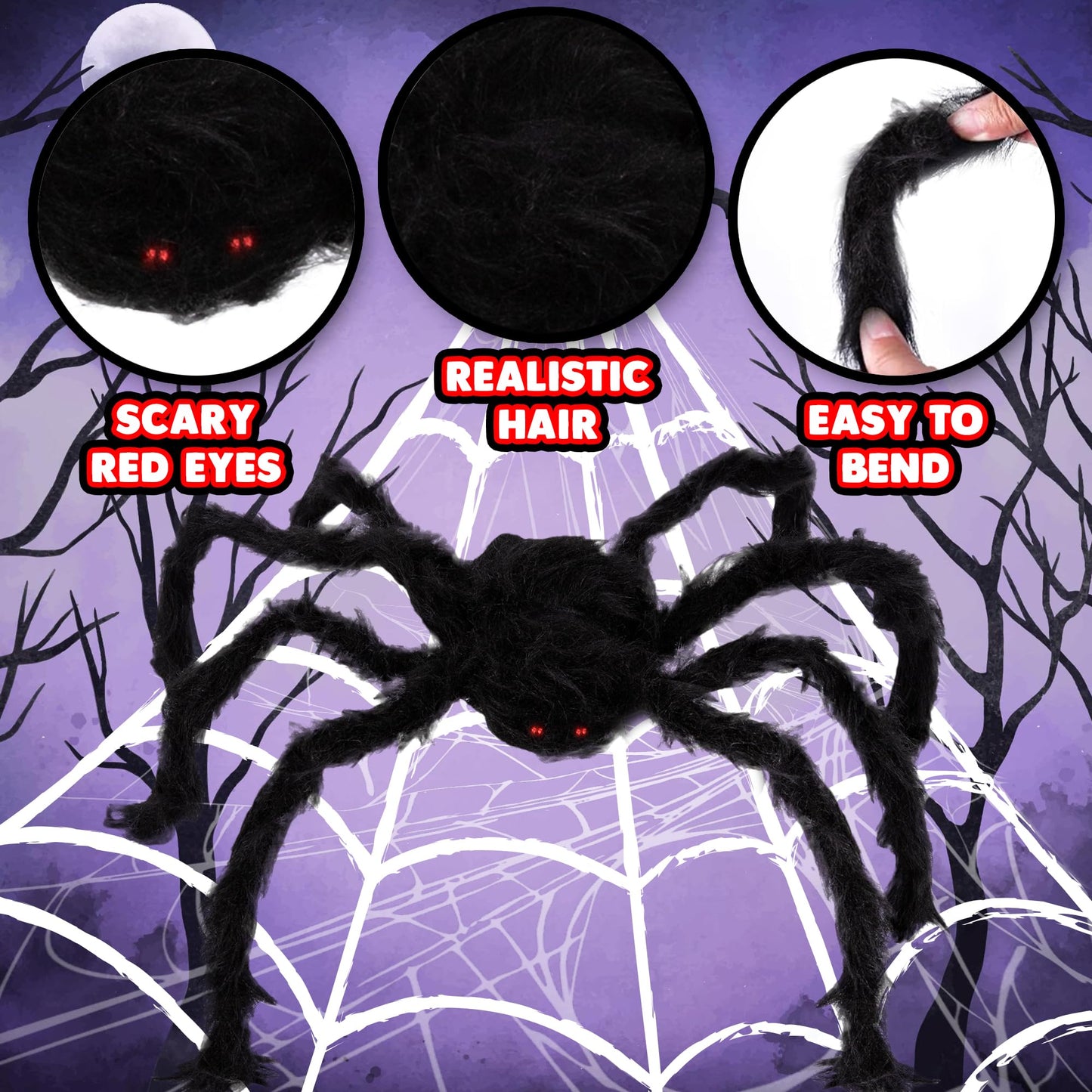 ArtCreativity Giant Spider Halloween Decorations, Includes Two 24" Spiders and a 16.4' Spider Web, Outdoor Spider Web Decoration with 2 Giant Spiders, Outdoor Halloween Decorations for Haunted House