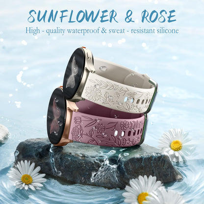 SNBLK Floral Engraved Bands Compatible with Samsung Galaxy Watch 7 Band 6 5 4 Active 2 40mm 44mm/5 Pro/Watch 6/4 Classic, 6Pack 20mm Cute Flower Soft Silicone Sport Strap for Samsung Watch Bands Women