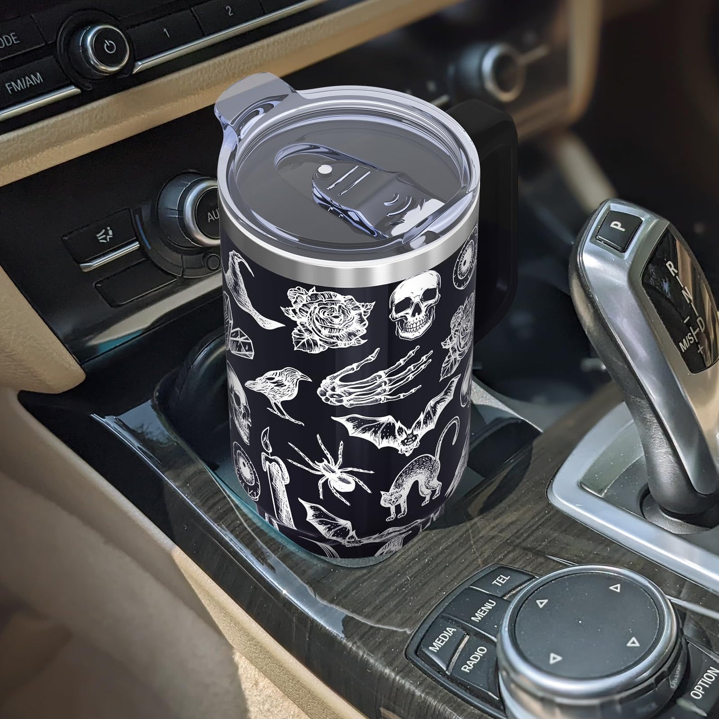 40oz Goth Tumbler With handle, Gothic Halloween Stainless Steel Leak Proof Travel Coffee Mug Cup Water Bottle Tumbler With Lid and Straw, Witchy Goth Gifts for Women Birthday Christmas Halloween
