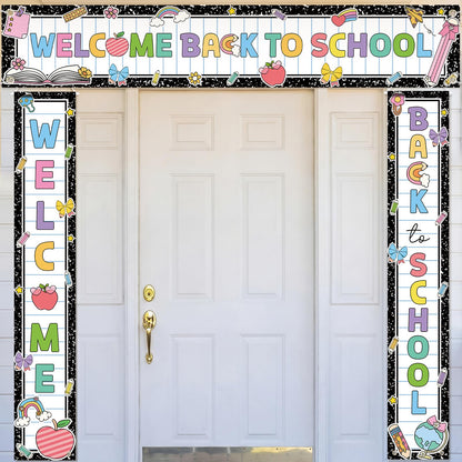 Fanfanwin 3 Pcs Welcome Back to School Banner Pastel Composition First Day of School Decoration Learning Party Supplies for Teacher Kindergarten Primary Classroom Decoration