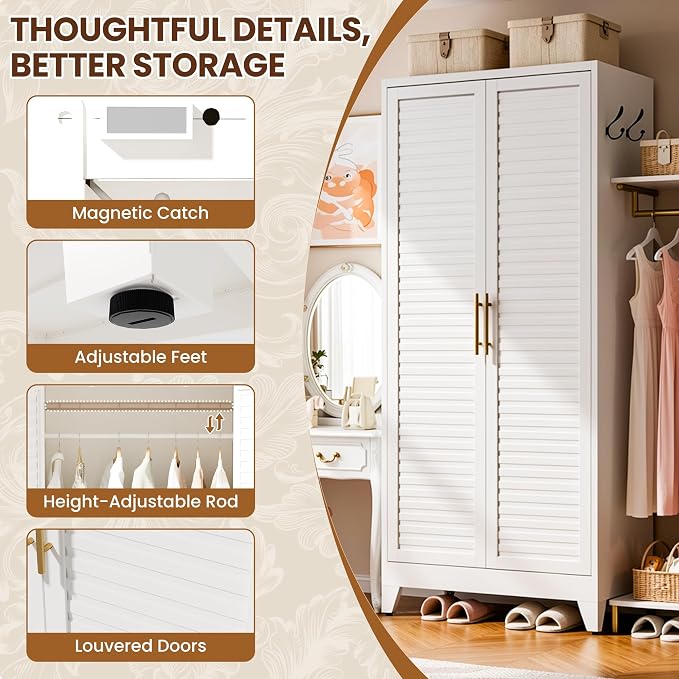 Metal Armoire Wardrobe Closet, 71" Clothing Storage Cabinets with Adjustable Hanging Rod, Louvered Doors, 2 Side Hooks & 2 Adjustable Rod- Closet Cabinet for Bedroom, Laundry Room, Cloak Room