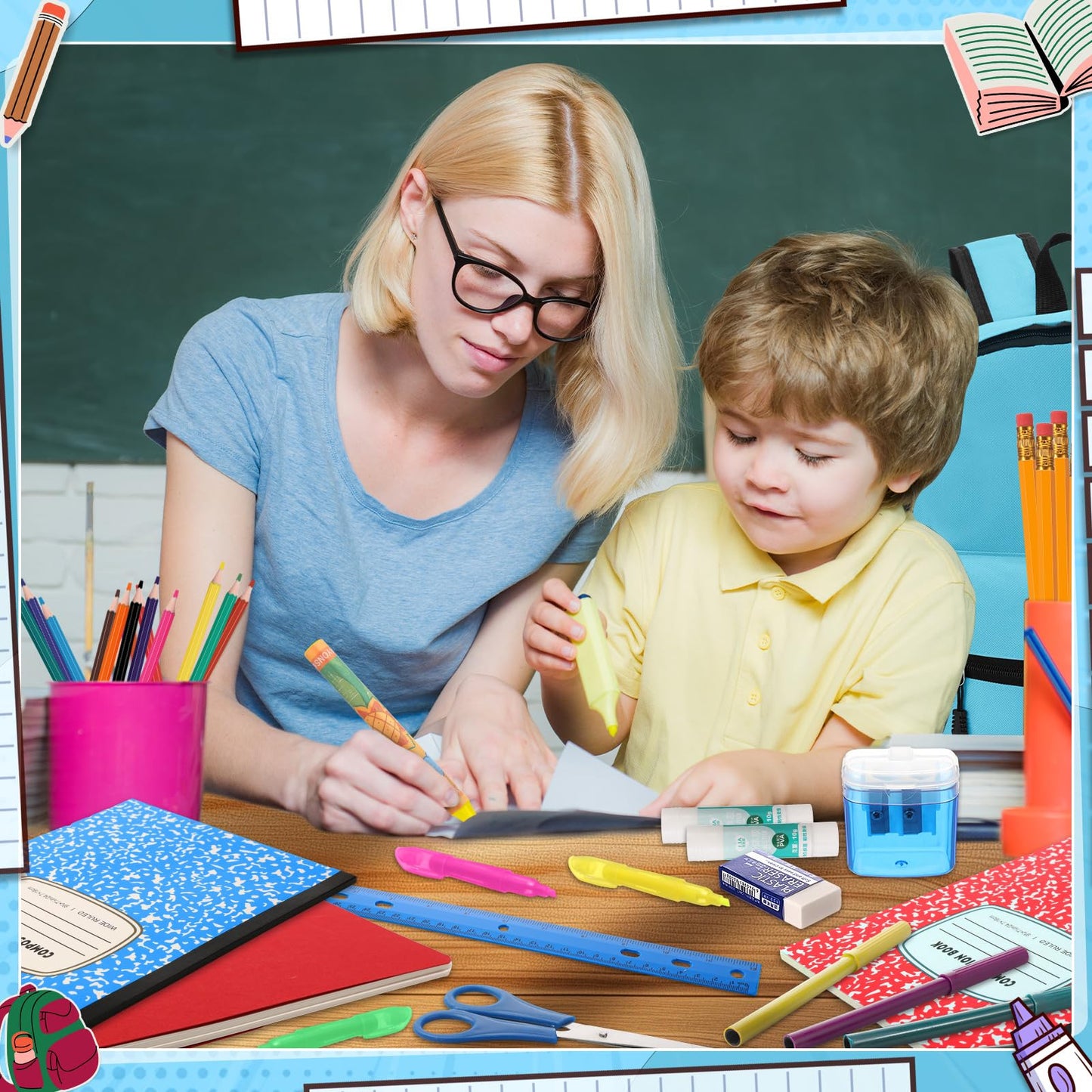 Gilprop 79 Pcs Back to School Supplies Box for Kids K-5 Students Elementary Middle School Supplies Kit Bundle Bulk Essential Pen Notebook Stationery for Primary Student Classroom(Blue)