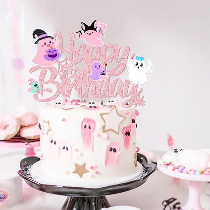 Ghost Birthday Cake Topper Pink Glitter Halloween Birthday Party Decorations Lovely Ghost Cake Picks Ghosts Theme Cake Decorations for Happy Boo Day Party Supplies