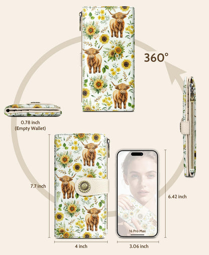 GIANCOMICS Highland Cow Womens Wallet RFID Blocking, Sunflower Credit Card Holder Bifold, PU Leather Travel Billfold, Long Cute Cash Purse, Zipper Coin Pocket Clutch, 11 Card Slot, Ladies Gift Woman