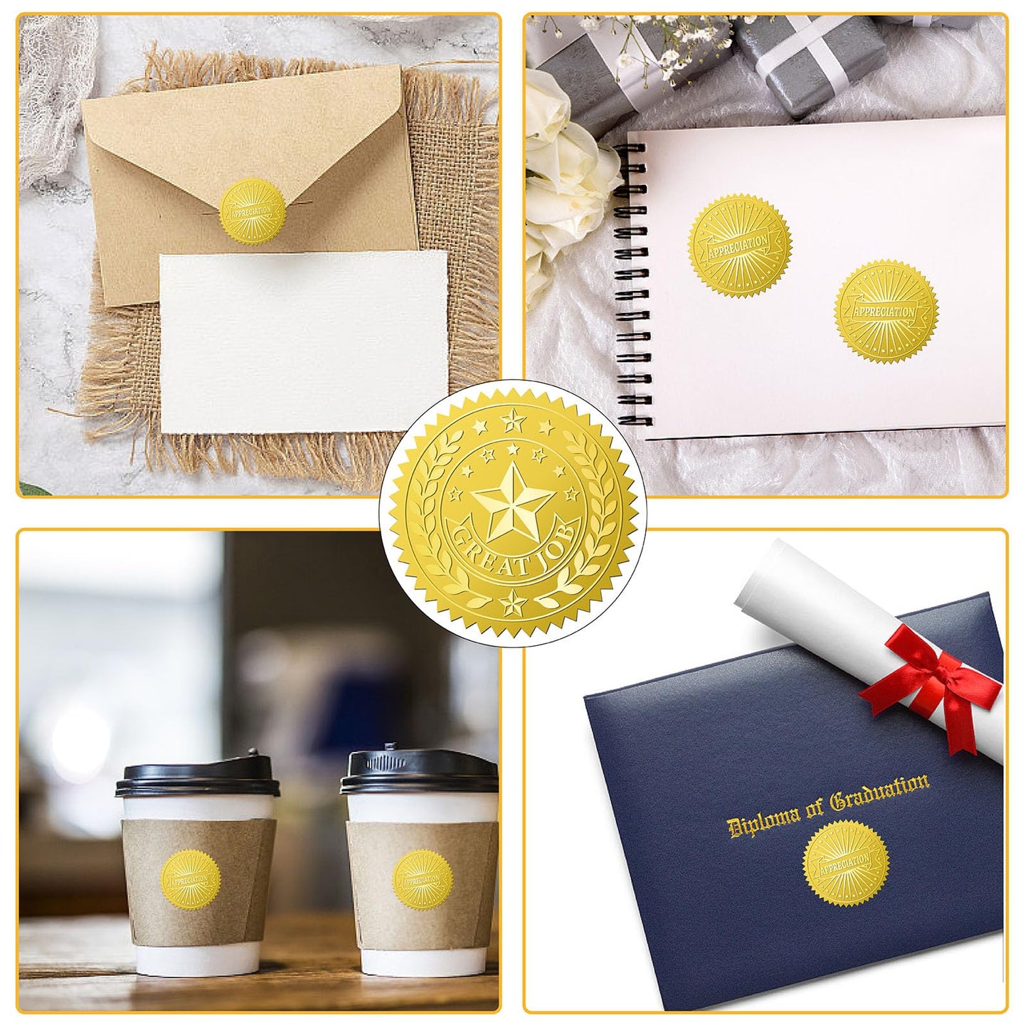 CRASPIRE 408Pcs Great Job Star Gold Foil Embossed Stickers 2" Official Self Adhesive Envelopes Seals Round Labels for Wedding Invitation Corporation Graduation Certificates Diplomas Gift Award
