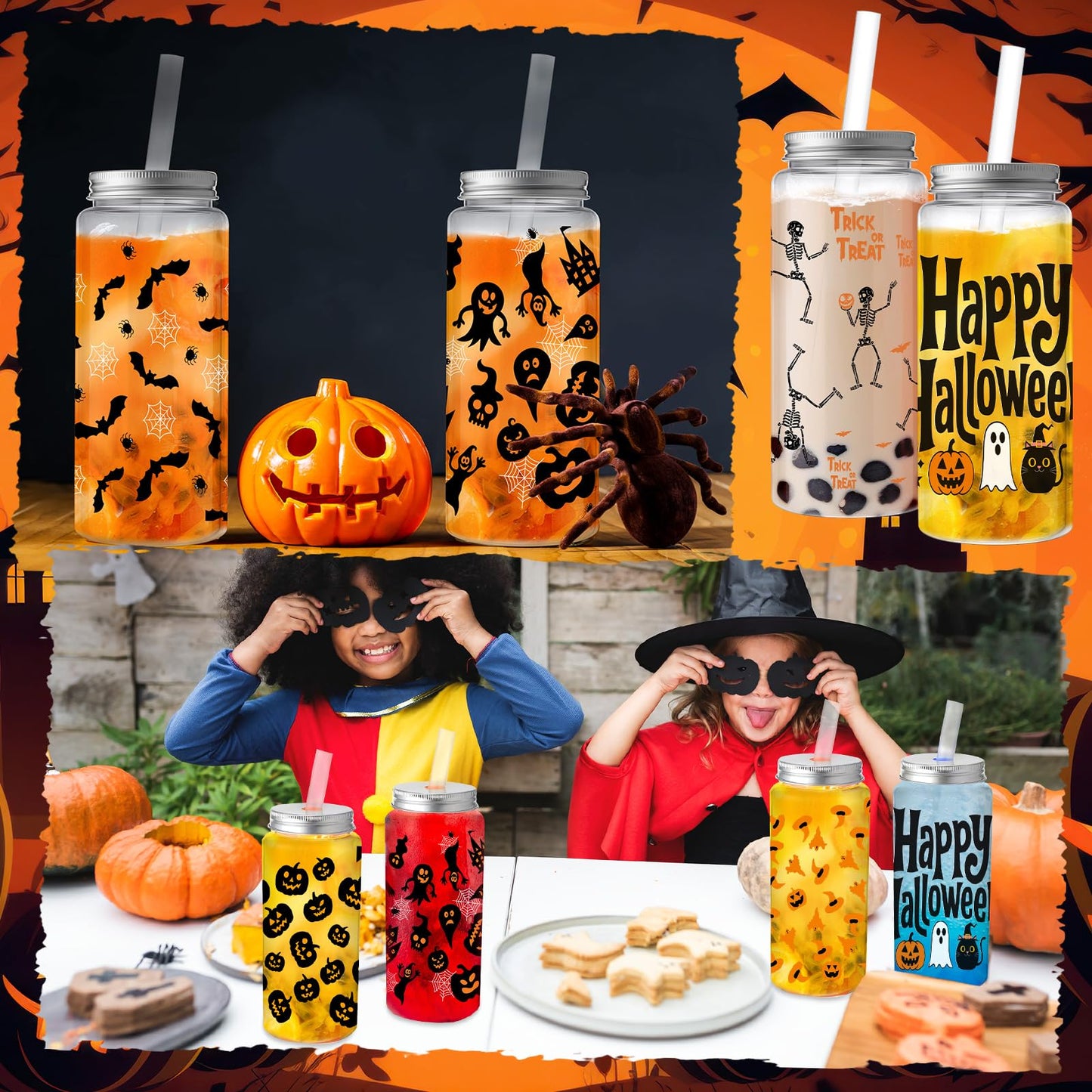 Skylety 30 Pcs Halloween Plastic Cups Tumbler with Lids and Straws 13.5 oz Pumpkin Ghost Bat Reusable Plastic Cups for Halloween Holiday Party Decor Supplies