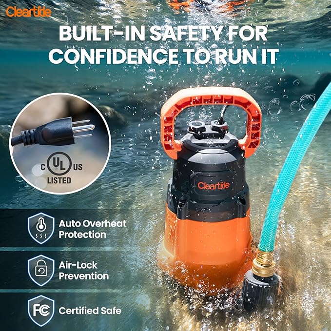 Cleartide Submersible Utility Water Pump, 8160 LPH High Flow, 100% Copper Motor, Thermoplastic Portable Plug & Work, Ideal for Pool, Flooded Basement, Hot Tub, Pond & Garden Draining,10 FT Cord