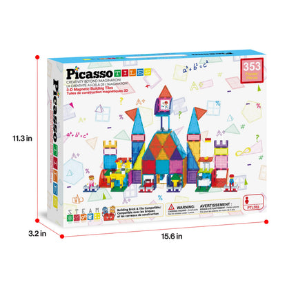 PicassoTiles 353pc Magnetic Brick and Magnet Tile Combo Set with Action Figures STEM Building Block Educational Construction Kit Preschool Classroom Toy Learning Activities for Kids Age 3 Plus PTL353