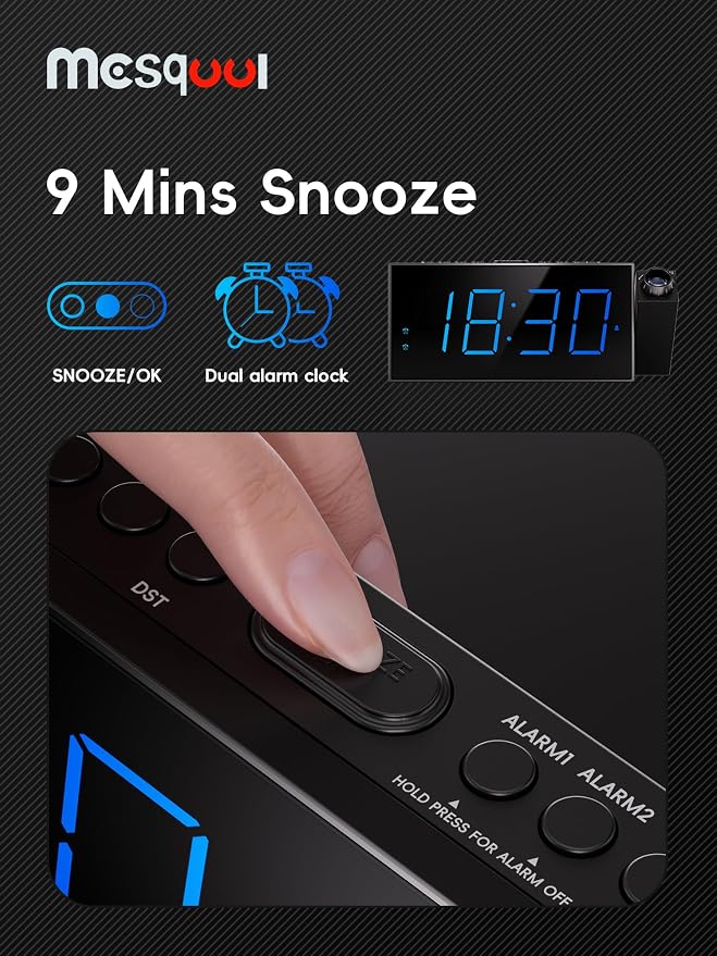Mesqool Projection Alarm Clock with Bed Shaker, Dual Alarms, 180° Projector, 5-Level Dimmer, USB Phone Charger, Battery Backup, Loud Vibrating Alarm Clock for Heavy Sleepers, Snooze, DST