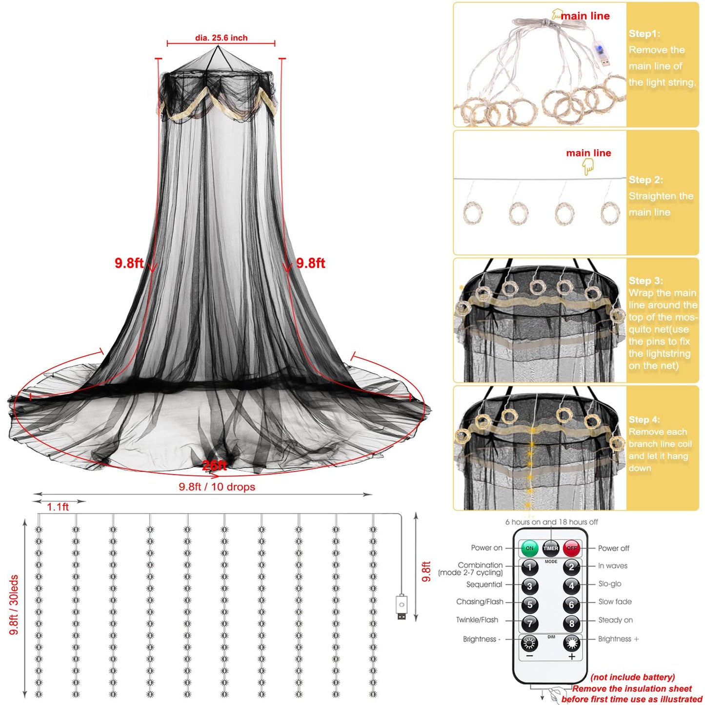 emopaw Black Bed Canopy with Fairy Lihgts, Mosquito Netting Canopy Bed Curtains for Twin to Queen Size Bed, Indoor Decor Bedroom Reading Nook Halloween Decoration