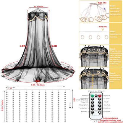 emopaw Black Bed Canopy with Fairy Lihgts, Mosquito Netting Canopy Bed Curtains for Twin to Queen Size Bed, Indoor Decor Bedroom Reading Nook Halloween Decoration