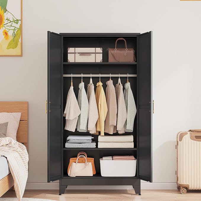 GAIOUS Metal Wardrobe Cabinet with Hanging Rod, Clothing Storage Cabinets | with 2 Doors and Adjustable Shelves, 71" Metal Black Armoire Wardrobe Closet for Bedroom, Laundry Room, Cloak Room
