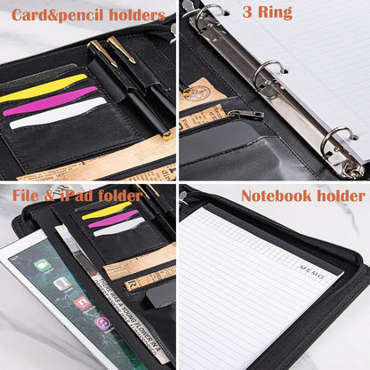 Calfinder Personalized Padfolios Portfolio Binder,3 Ring Leather Binder with Zipper,Professional Padfolios for Women&Men, Business Portfolio Organizer for Resume, Leather Folder for Ipad