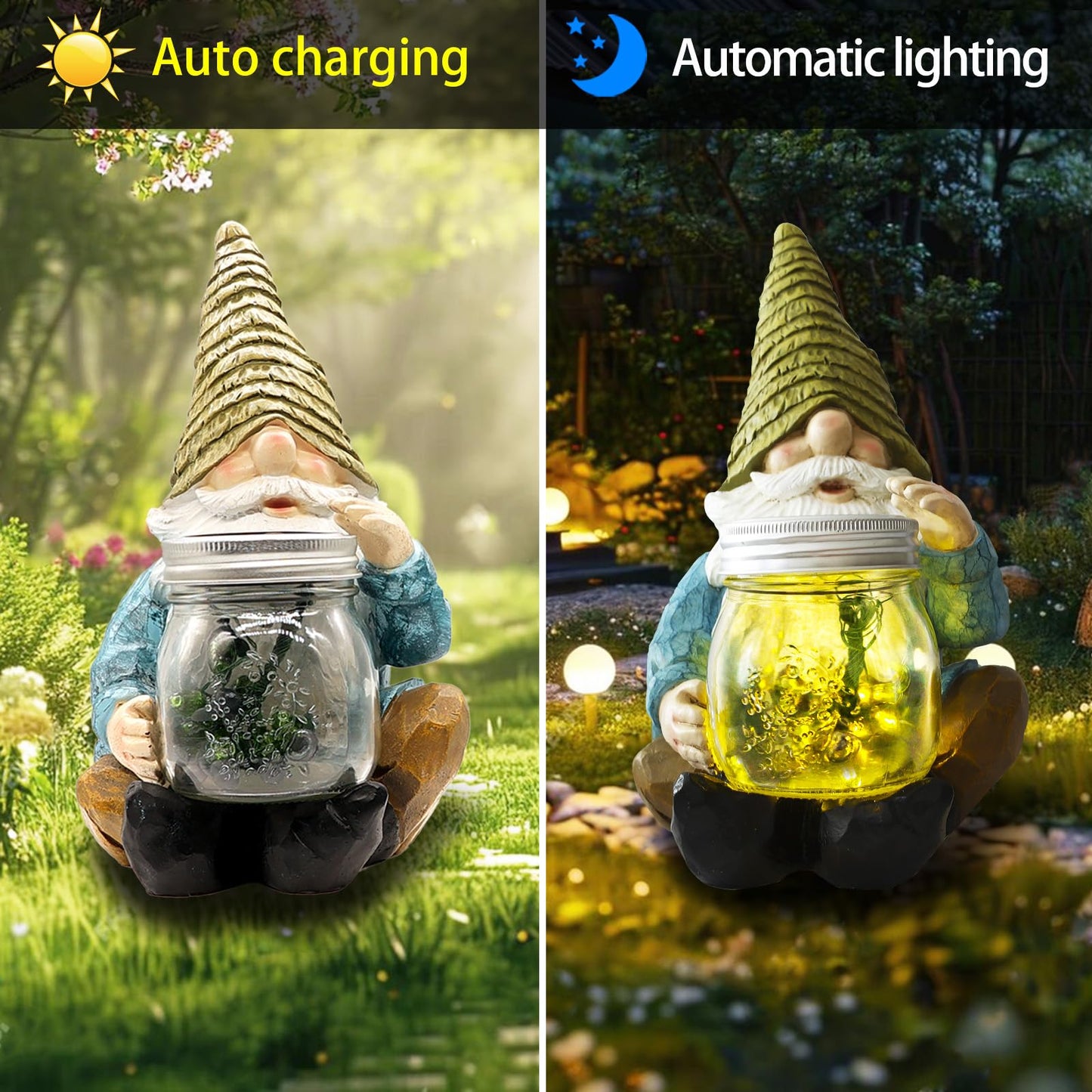 Vcdsoy Solar Firefly Jar Gnome Resin LED Garden Statue