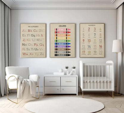 3Pcs Nursery Educational Wall Art Preschool Education Letter Number Poster Painting Pictures Wall Decor Canvas Prints artwork for Classroom Baby Boy's Baby Girl's Room Home Decoration Unframed