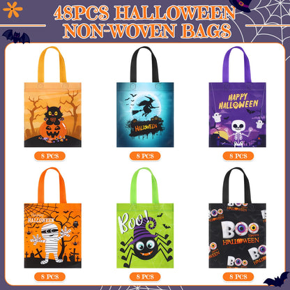 Ribbonlic 48 Pcs Halloween Treats Bags Tote Gift Reusable Candy Goodie Bags for Halloween Party Favors(Funny Style)