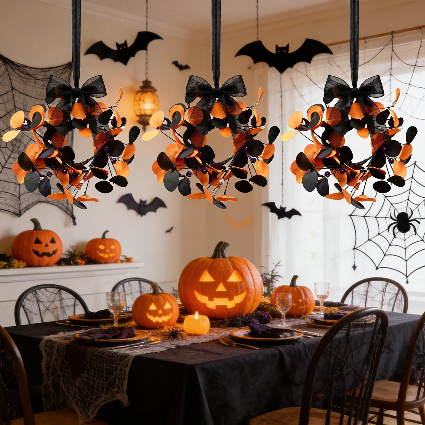 4 Pcs Small Halloween Hanging Wreaths with Artificial Orange Black Eucalyptus Leaves Dark Purple Berry Beads Gothic Mini Cabinet Wreath for Home Table Centerpieces Kitchen Halloween Party Decor